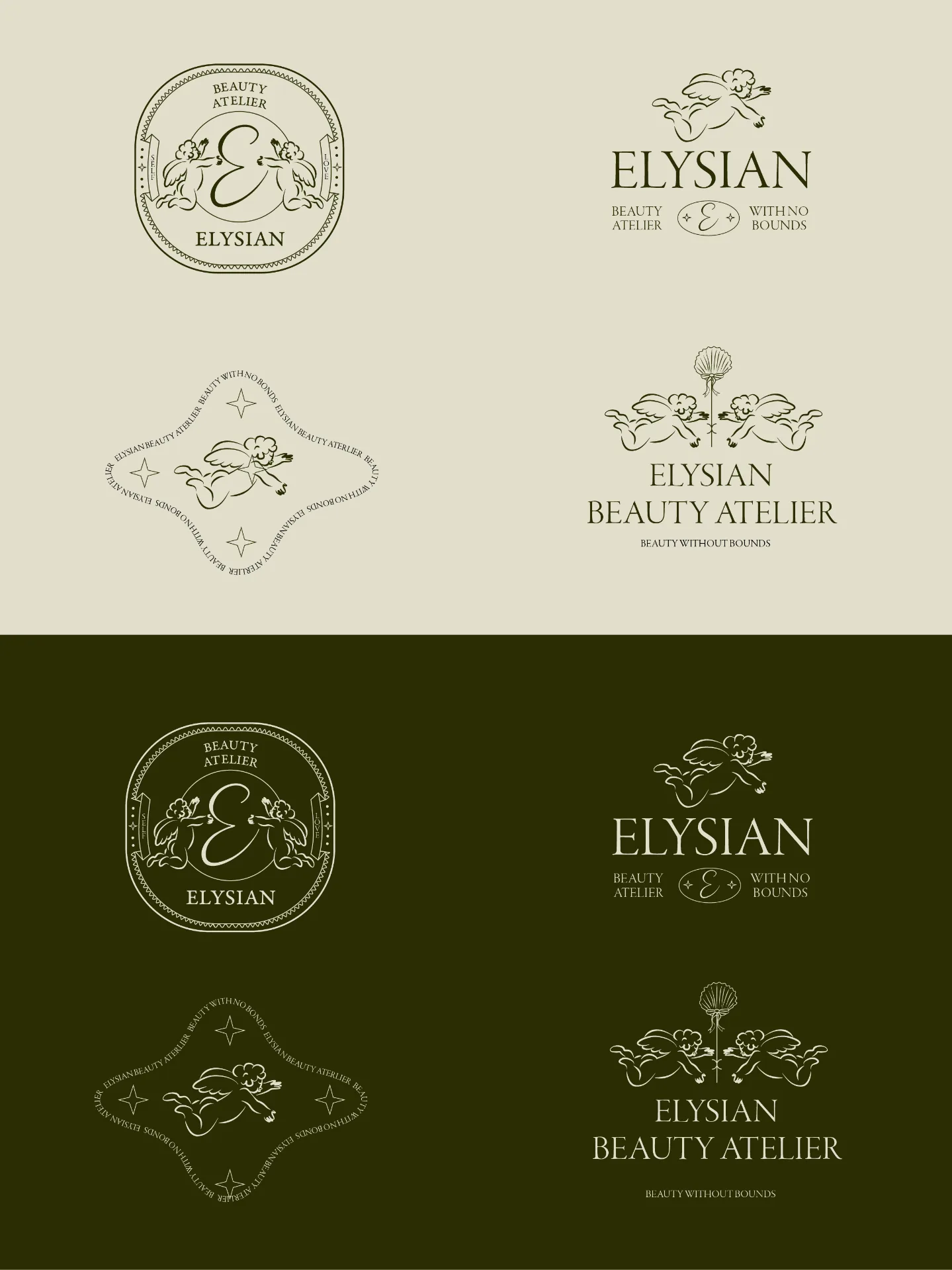 Elysian logo lockups presented on cream and olive backgrounds