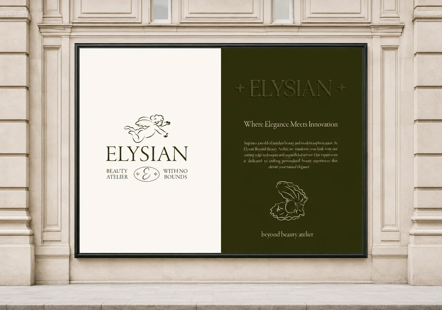 Elysian campaign billboard mounted on a classical stone façade