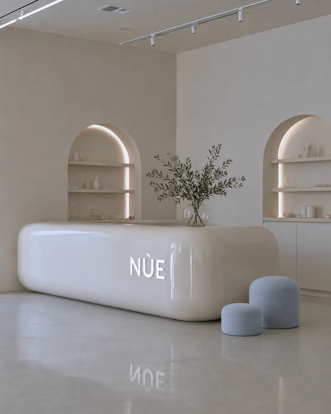 NÙE sculptural reception desk with illuminated mark