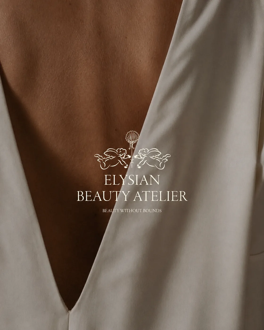 Elysian wordmark overlaid on a photograph of draped ivory fabric