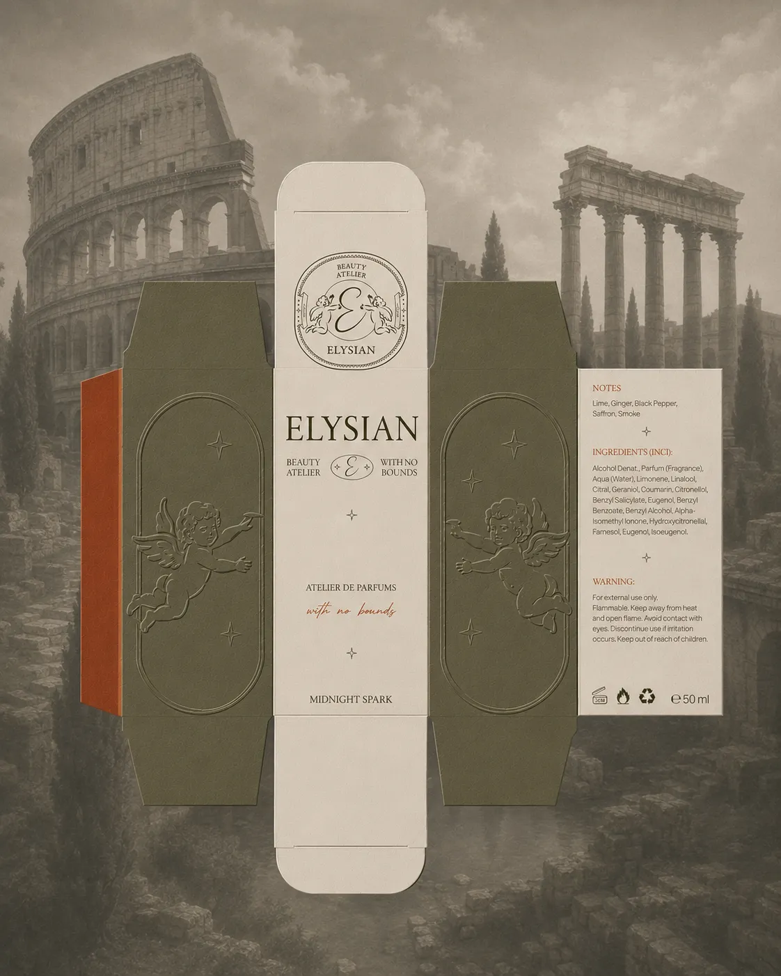 Elysian unfolded packaging over classical Roman scenery
