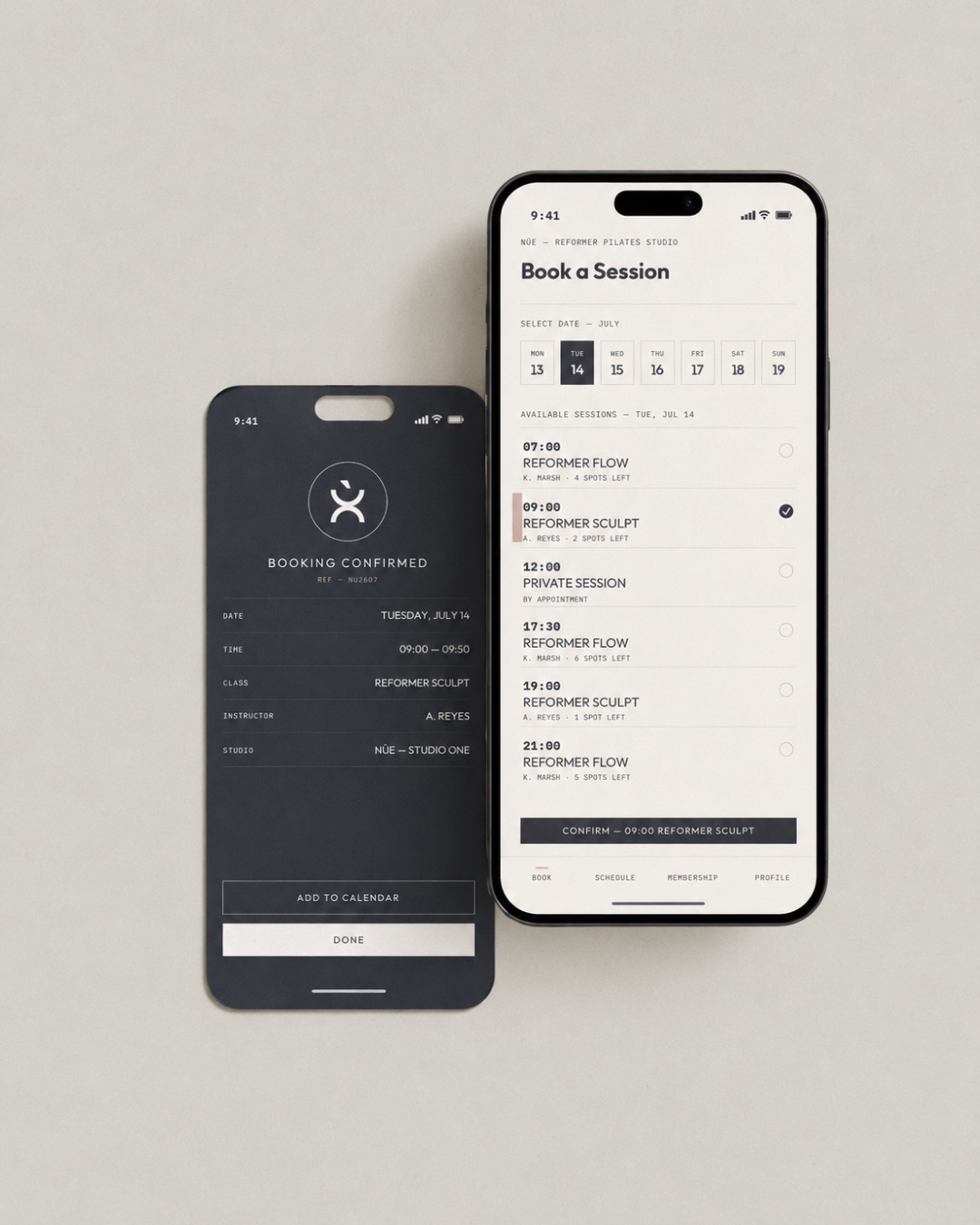 NÙE booking experience across two phone screens