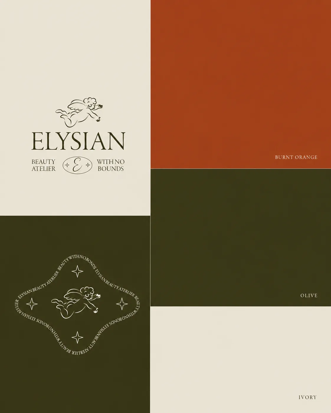 Elysian colour palette board featuring ivory, burnt orange and olive