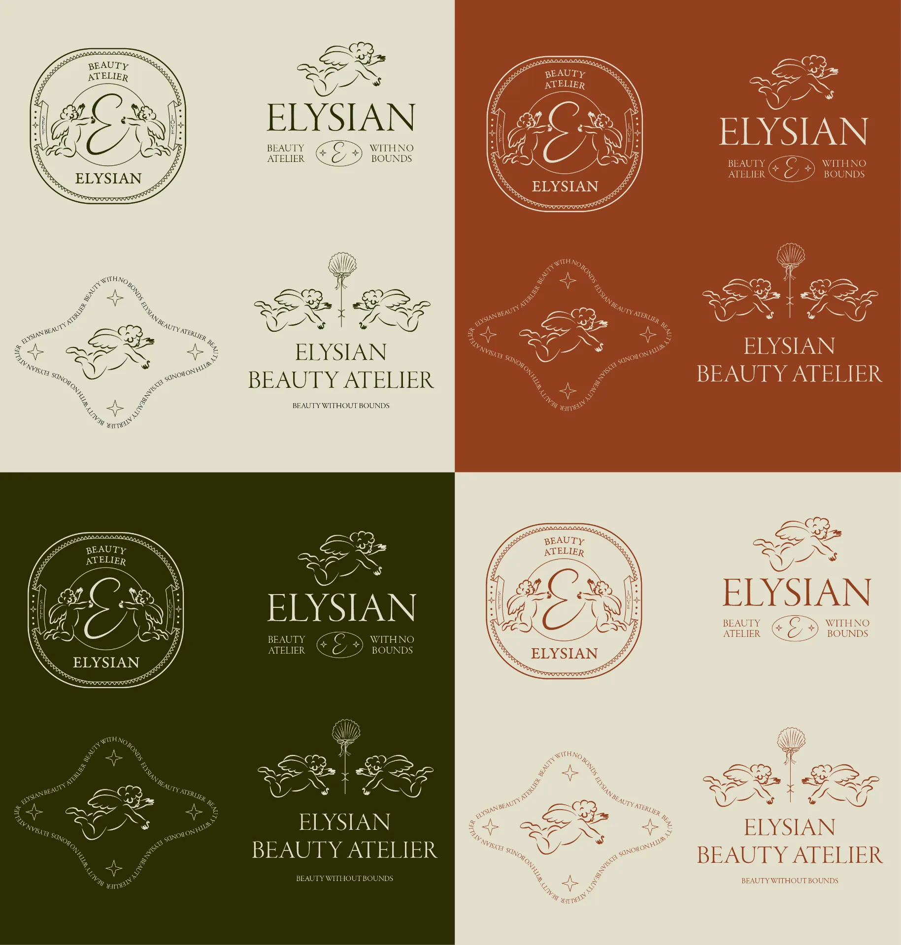 Elysian logo system across four colourways — cream, burnt orange, olive and ivory